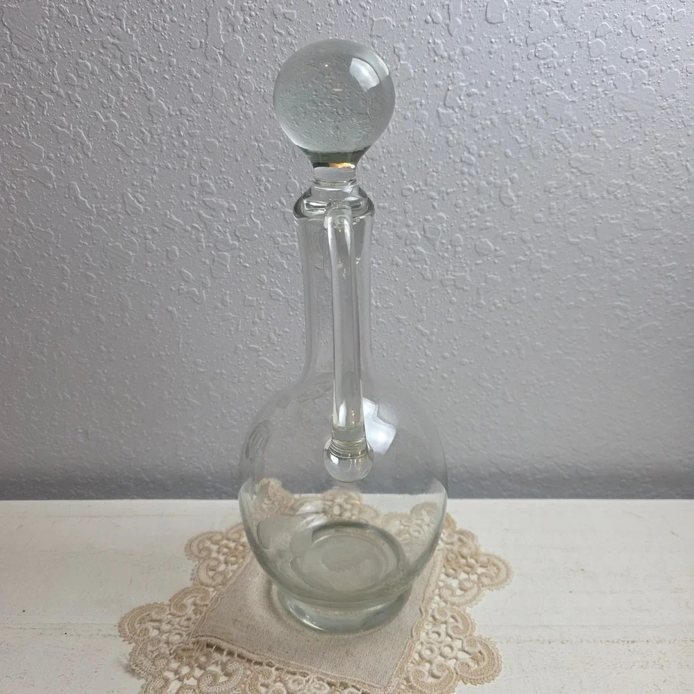 Vintage Etched Floral Rose Glass Decanter with‎ Ball Stopper and Handle Clear